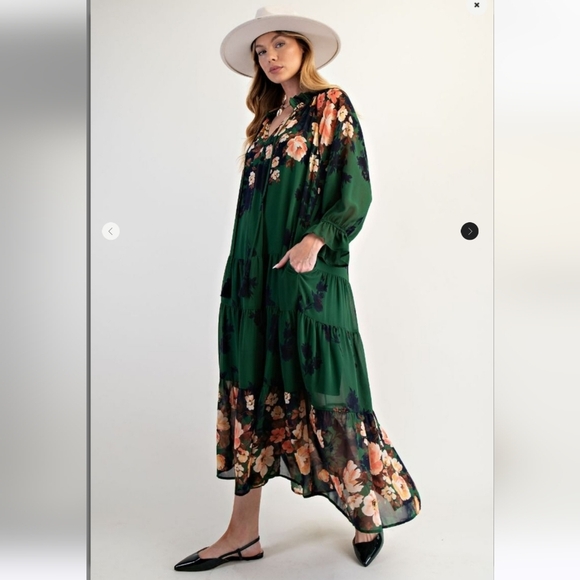 New Easel Green Floral Print Long Sleeve Maxi Dress - Picture 3 of 6